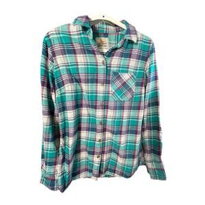Field & Stream Flannel Shirt Women’s Small Turquoise Purple Plaid Long Sleeve